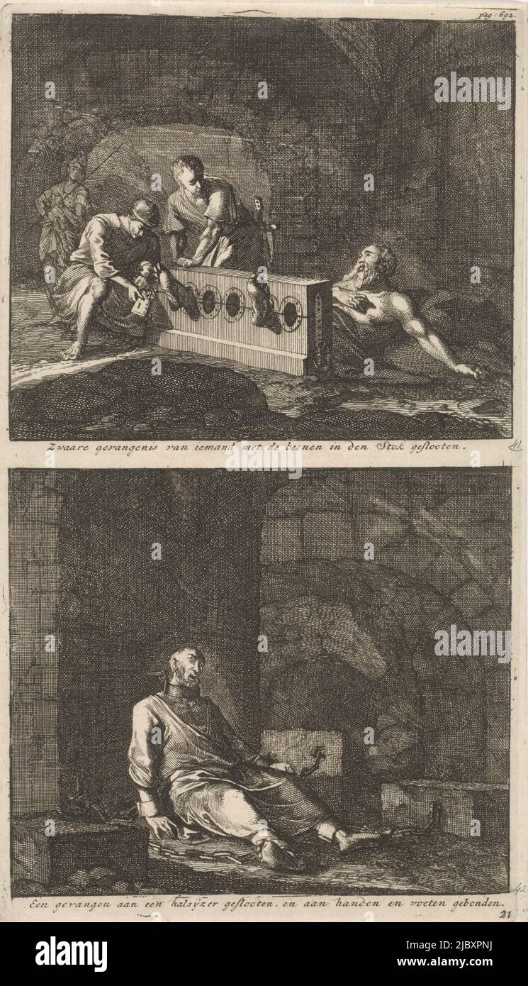 Two representations on a plate. Above: a Christian is imprisoned in a cell. The jailers secure his feet in a block. Below: a Christian is imprisoned in a cell. His neck is fastened to the wall with a large iron chain., Imprisoned Christian with a block around the legs and imprisoned Christian with an iron chain around the neck Heavy prison of someone with the legs locked in the stick / A prisoner locked to a collar and bound to the hands and feet , print maker: Jan Luyken, (mentioned on object), publisher: Jacobus van Hardenberg, bookseller: Barent Visscher, Amsterdam, 1700, paper, etching, h Stock Photo