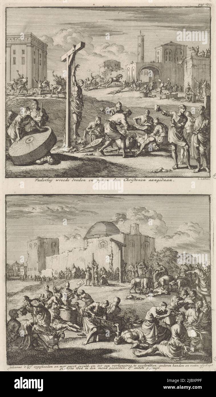 Two representations on a plate. Above: various tortures of the first Christian. Below: the martyrdom of St. Julian, together with other Christians, Martyrdom of the first Christians and the martyrdom of St. Julian Veelerleij cruel deaths and pains of the Christians / Julian's body cut up and filled with yarn, to provide a scouting rod ., print maker: Jan Luyken, (mentioned on object), publisher: Jacobus van Hardenberg, bookseller: Barent Visscher, Amsterdam, 1700, paper, etching, h 274 mm × w 158 mm Stock Photo