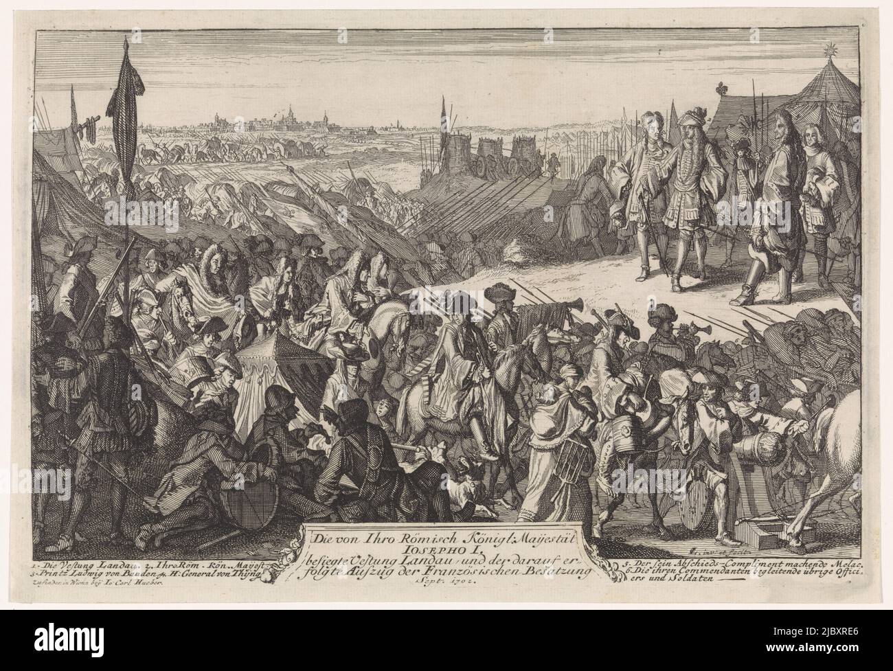 The siege of Landau, captured from the French by imperial troops under Louis William I, Margrave of Baden-Baden, September 10, 1702. On the right, state Joseph I with prince Louis William. In the background, French troops depart from Landau. The print has a German caption with directions, Capture of Landau, 1702, print maker: Caspar Luyken, (mentioned on object), Caspar Luyken, (mentioned on object), publisher: I. C. Hueber, (mentioned on object), Vienna, 1702, paper, etching, h 190 mm × w 284 mm Stock Photo