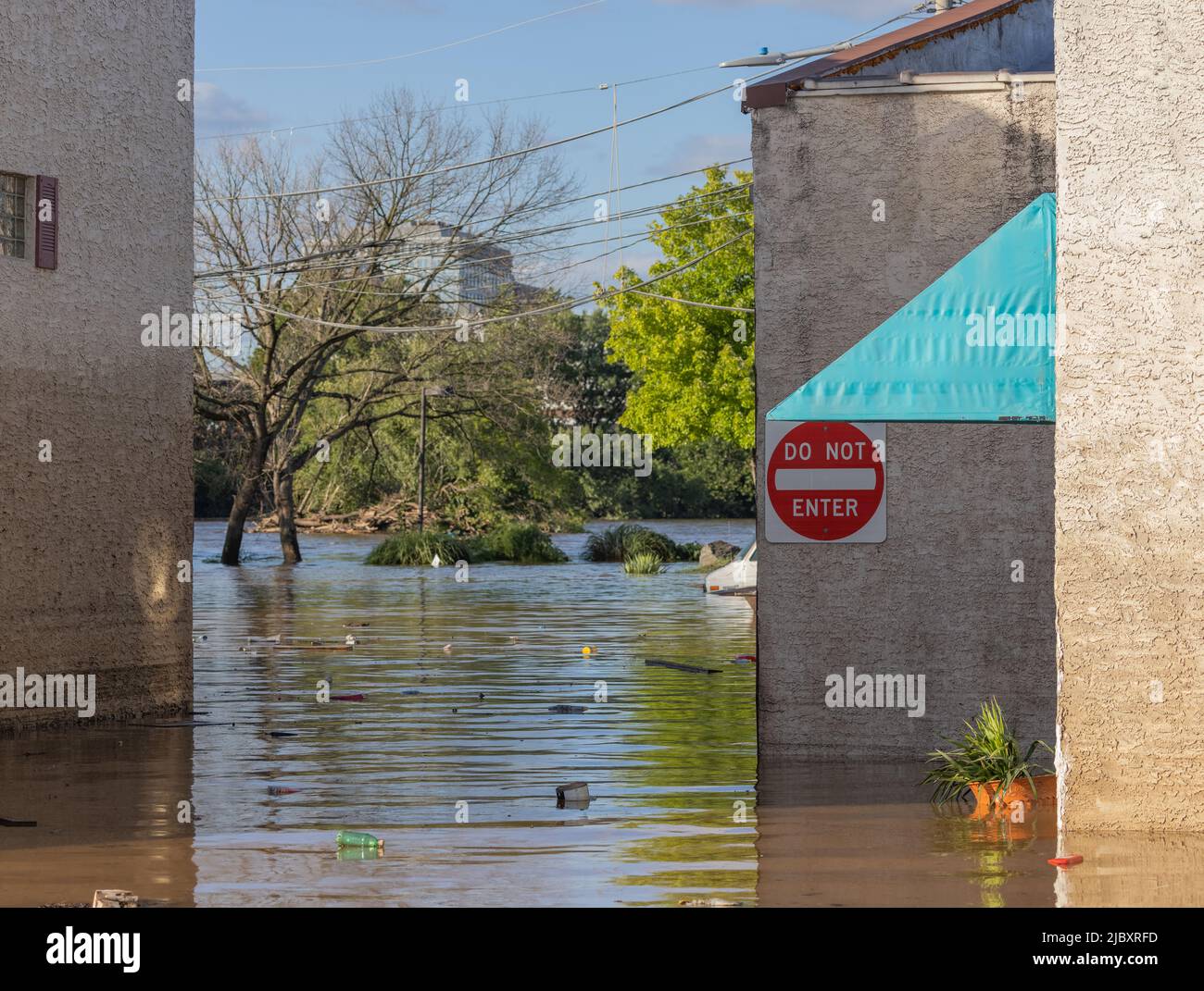 BRIDGEPORT, PA – September 2, 2021: Floodwaters near the Schuylkill River are seen as remnants of Hurricane Ida impacted the Mid-Atlantic region. Stock Photo