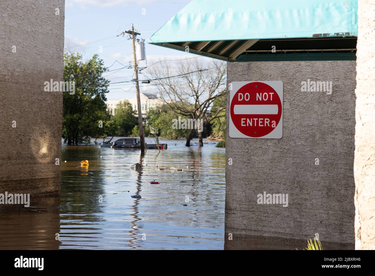 BRIDGEPORT, PA – September 2, 2021: Floodwaters near the Schuylkill River are seen as remnants of Hurricane Ida impacted the Mid-Atlantic region. Stock Photo