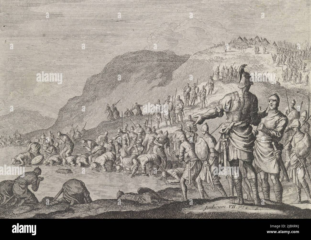 Gideon orders his men to drink water, print maker: Jan Luyken, publisher: Pieter Mortier (I), print maker: Haarlem, publisher: Amsterdam, 1703 - 1762, paper, etching, h 111 mm × w 158 mm Stock Photo