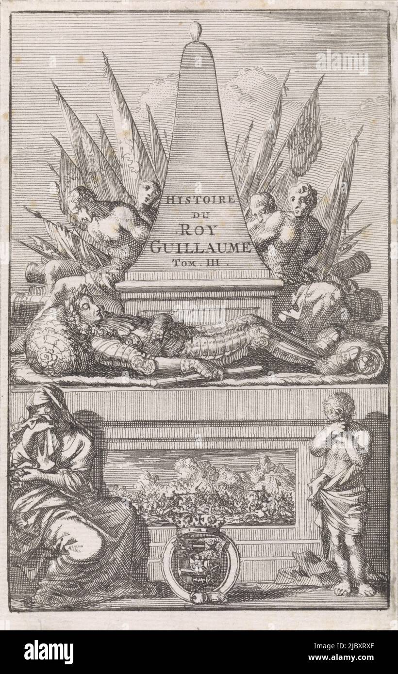 Funeral monument to King William III, died 19 March 1702. The king lies in armor on his coffin. To the left and right of the obelisk, chained prisoners look on. In the foreground, a woman and a young child weep to the left and right of a depicted equestrian fight., Funeral Monument to King William III Title page for: Histoire de Guillaume III. roi d'Angleterre (...) prince d'Orange dl. 3, 1703, print maker: Jan Luyken, publisher: Pieter Mortier (I), Amsterdam, 1703, paper, etching, h 140 mm × w 89 mm Stock Photo