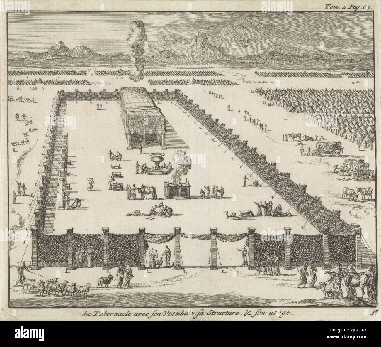 View of the forecourt and tabernacle Le Tabernacle avec son Vestibule, sa Structure, & son usage , print maker: Jan Luyken, publisher: Pieter Mortier (I), Amsterdam, 1705, paper, etching, h 146 mm × w 173 mm Stock Photo