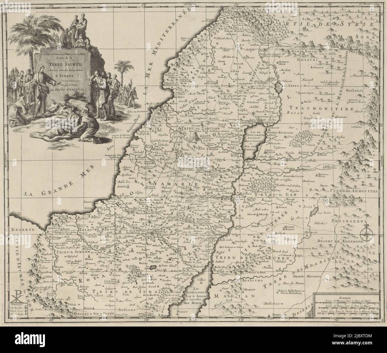 Map of Israel Carte de la Terre Sainte , print maker: Jan Luyken, publisher: Henri Desbordes, publisher: Pieter Mortier (I), Amsterdam, 1707, paper, etching, h 366 mm × w 434 mm Stock Photo