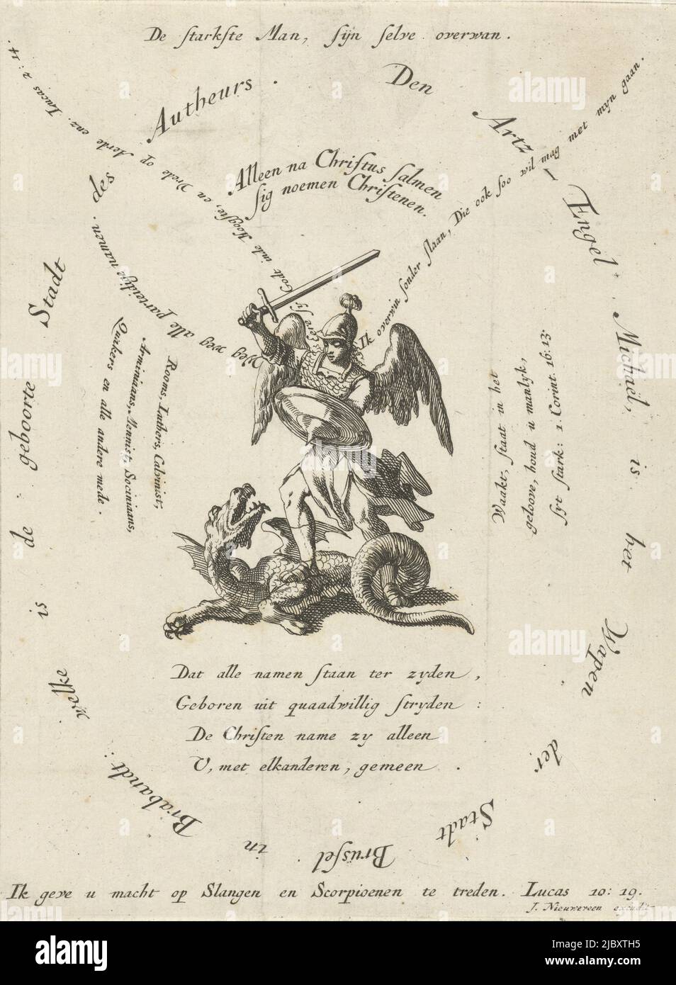 Archangel Michael slays the dragon, surrounded by various inscriptions, print maker: Jan Luyken, publisher: Jacobus van Nieuweveen, (mentioned on object), Amsterdam, 1694, paper, etching, h 182 mm × w 136 mm Stock Photo
