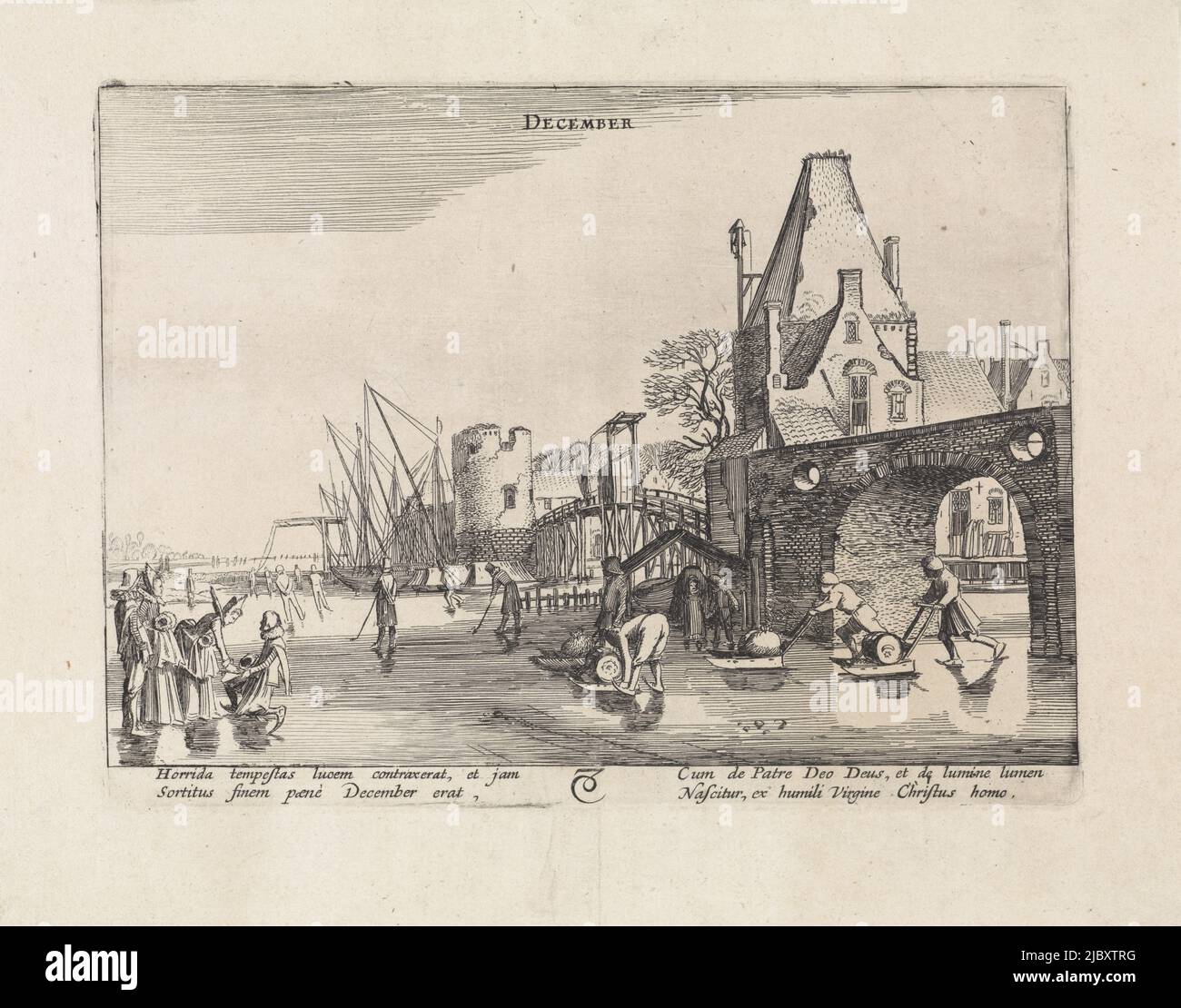 A village scene with potters and figures carrying cargo on sledges on the ice, depicting the month of December. To the left an elegant company on the ice. On the right, the outskirts of a village with a stone bridge. Below the astrological symbol of the constellation archer. Print from a series of twelve, Village scene with figures on the ice: December December  The twelve months (series title) Duodecim anni mensium (series title), print maker: Jan van de Velde (II), Jan van de Velde (II), Reinier Telle, Northern Netherlands, 1608 - 1618, paper, etching, h 160 mm × w 216 mm Stock Photo