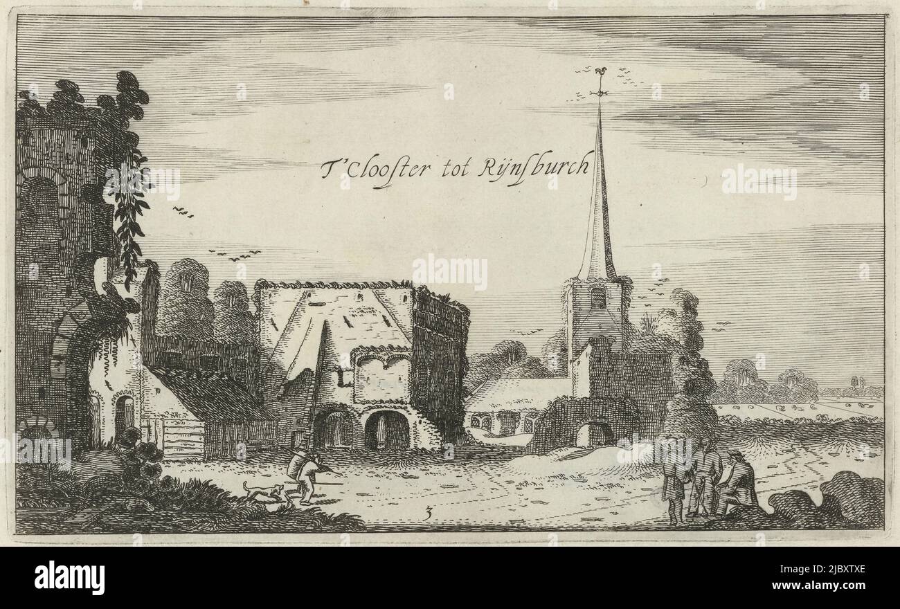 Ruin of Rijnsburg Abbey, in the foreground left a man with a dog and right three conversing figures. Third print in a series of six, View of the ruins of Rijnsburg Abbey T'Clooster tot Rijnsburch  Castles (series title), print maker: Jan van de Velde (II), publisher: Robert de Baudous, Northern Netherlands, 1616, paper, etching, h 136 mm × w 225 mm Stock Photo