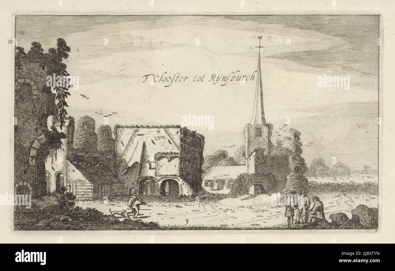 Ruin of Rijnsburg Abbey, in the foreground left a man with a dog and right three figures conversing. Third print in a series of six, View of the ruins of Rijnsburg Abbey T'Clooster tot Rijnsburch  Castles (series title), print maker: Jan van de Velde (II), publisher: Robert de Baudous, Northern Netherlands, 1616, paper, etching, h 135 mm × w 226 mm Stock Photo