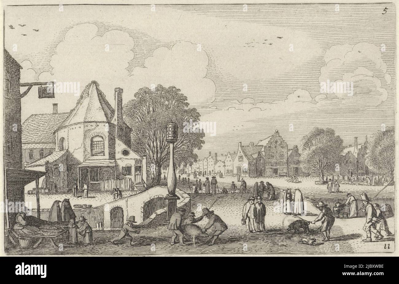 Activity during a market day in a city. Eleventh print from part five of a series of sixty prints with landscapes, divided into five parts of twelve prints each, Market day in a city Landscapes (series title) Amenissimae aliquot requculae (series title), print maker: Jan van de Velde (II), Jan van de Velde (II), Northern Netherlands, 1616, paper, etching, h 120 mm × w 190 mm Stock Photo