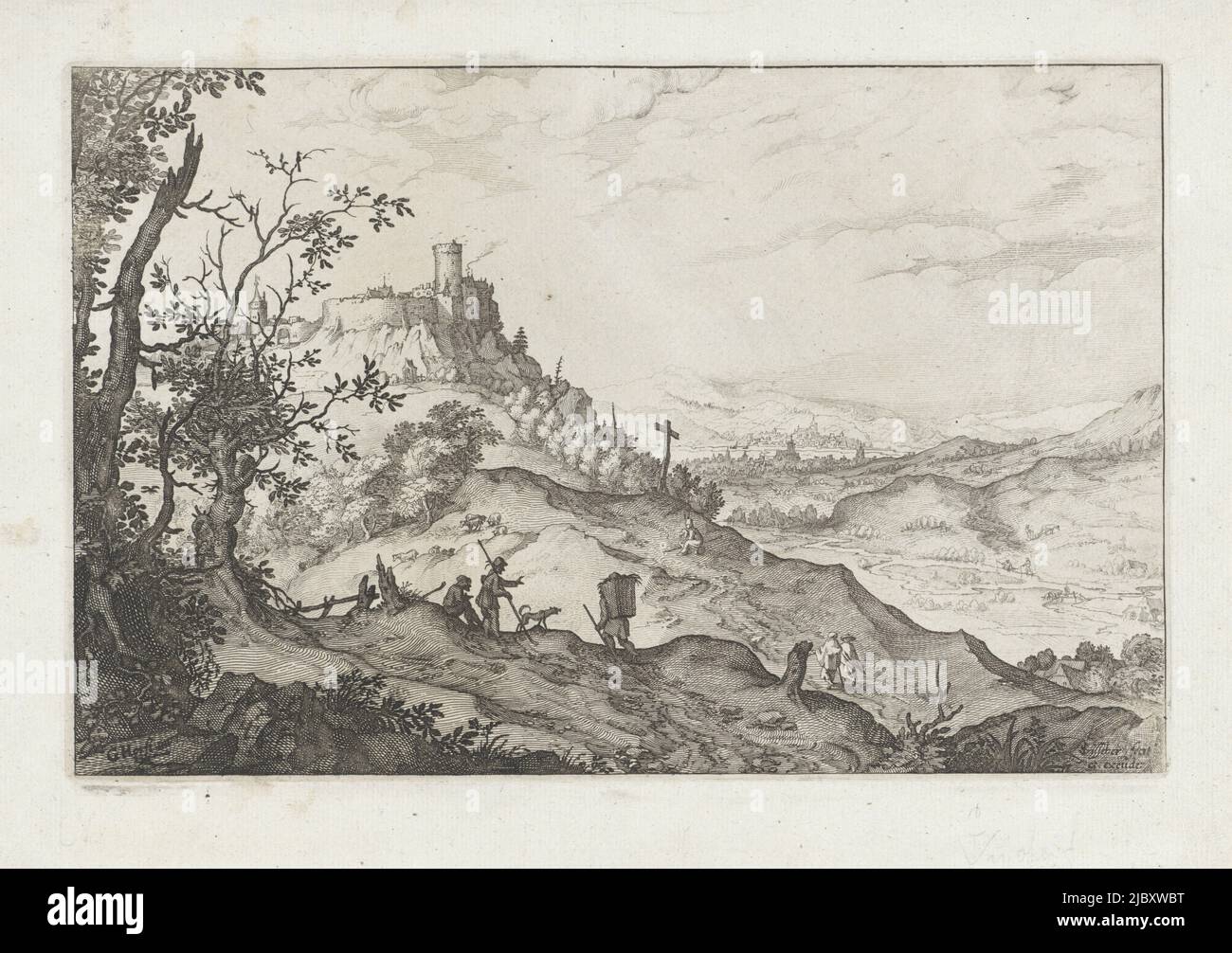 Mountain landscape with hikers and shepherds. On the left on a hill a walled city with a castle. Through the valley flows a river in which two fishermen have cast their rods, Mountain landscape with hikers and shepherds Landscape with the fall of Icarus, print maker: Claes Jansz. Visscher (II), (mentioned on object), Gerard van der Horst, (mentioned on object), publisher: Claes Jansz. Visscher (II), (mentioned on object), Amsterdam, 1610 - 1652, paper, etching, engraving, h 192 mm × w 293 mm Stock Photo