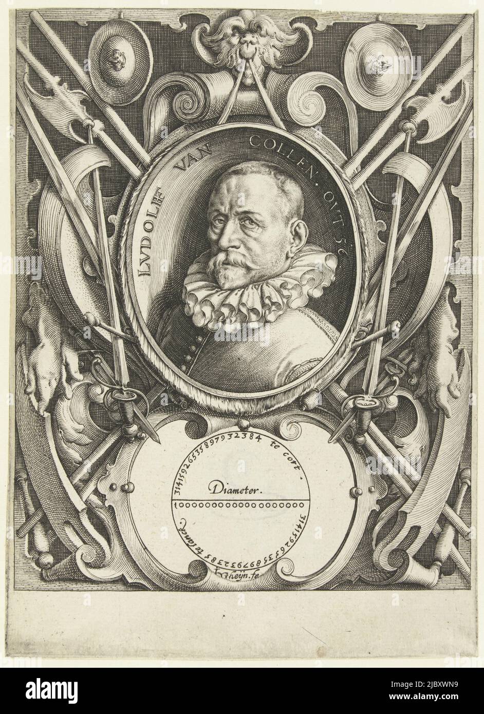 Bust of Ludolf van Ceulen (Hildesheim, January 28, 1540 - Leiden, December 31, 1610) at age 56, with unfolded collar, in oval with edge lettering, framed in ornamental frame with scrollwork and arms. Below the portrait an image of a circle with a description of the number pi. Below the representation, space has been left blank for a caption. Van Ceulen was a fencer and mathematician. He was appointed (according to Meursius in 1599, according to the resolutions of the Curators on 10 January 1600) on the recommendation of Prince Maurits together with Simon Fransz. van Merwen as professor in the Stock Photo