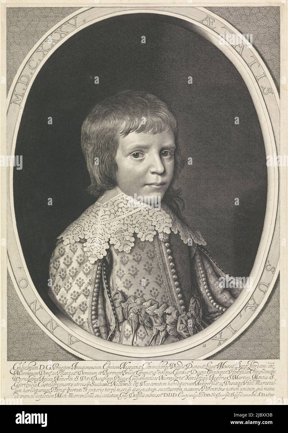 Portrait of William II in an oval with marginal lettering. In the lower margin six lines of Latin text, Portrait of William II, Prince of Orange, at age 9, print maker: Willem Jacobsz. Delff, (mentioned on object), after: Michiel Jansz van Mierevelt, (mentioned on object), Staten-Generaal, (mentioned on object), Delft, 1635, paper, engraving, etching, h 425 mm × w 297 mm Stock Photo