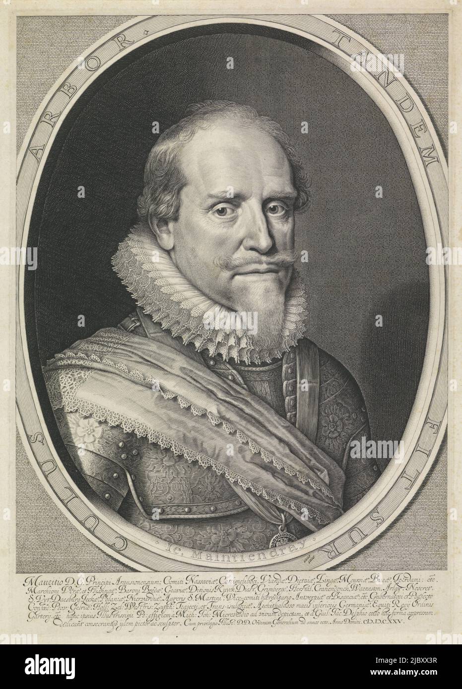 Portrait of Maurice in oval frame with edge lettering. In lower margin six lines of Latin inscription., Portrait of Maurice, Prince of Orange, print maker: Willem Jacobsz. Delff, (mentioned on object), after: Michiel Jansz van Mierevelt, (mentioned on object), Maurits (prins van Oranje), (mentioned on object), Delft, 1625, paper, engraving, etching, h 424 mm × w 299 mm Stock Photo