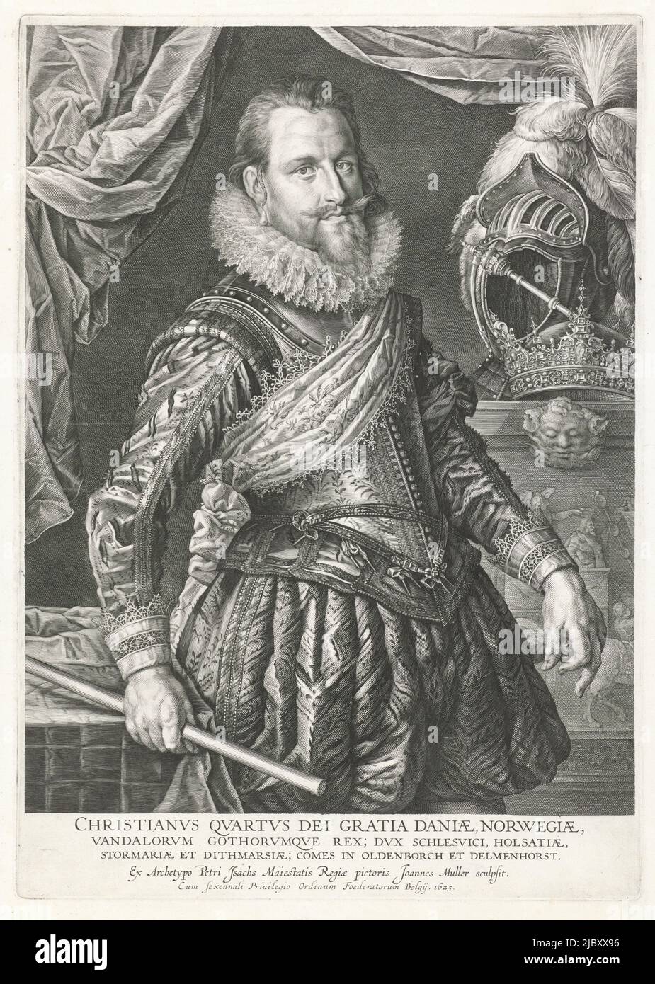 Portrait of Christian IV, King of Denmark and Norway, wearing a sash over his shoulder and holding a commanding staff, standing under an open curtain. To the right are his helmet, crown and scepter. Below that a relief depicting a king being lauded. Below in the margin his name and titles in Latin., Portrait of King Christian IV of Denmark and Norway, print maker: Jan Harmensz. Muller, (mentioned on object), after: Pieter Isaacsz., (mentioned on object), Staten-Generaal, (mentioned on object), Amsterdam, 1625, paper, engraving, h 425 mm × w 301 mm Stock Photo