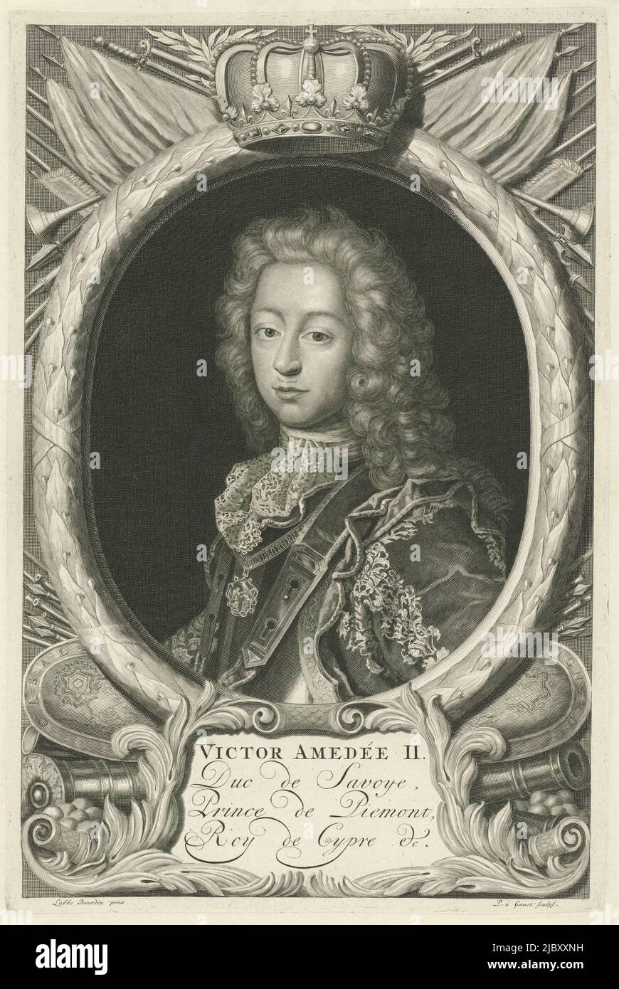 Victor Amadeus II, Duke of Savoy, Portrait of Victor Amadeus II, Duke of Savoy, print maker: Pieter van Gunst, (mentioned on object), after: Labbe Bourdin, (mentioned on object), Amsterdam, 1675 - 1731, paper, engraving, w 258 mm × h 387 mm Stock Photo