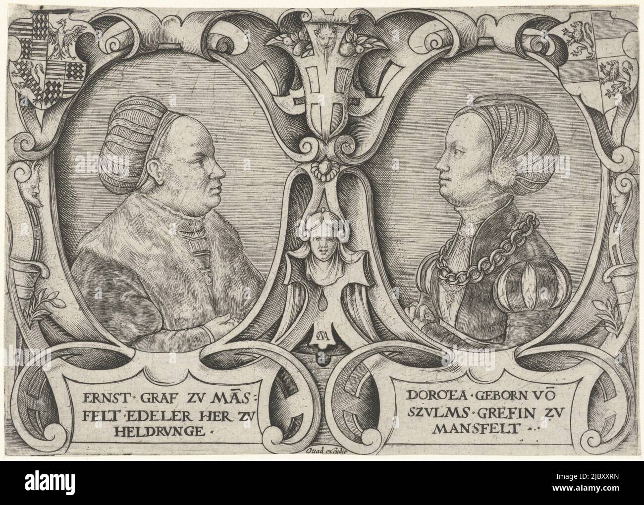 Double portrait of Count Ernst II Mansfeld zu Vorderort and of his second wife Dorothea von Solms-Lich, both en profil. In the upper left and right corners of the ornamental frame their personal coats of arms., Double portrait of Count Ernst II Mansfeld zu Vorderort and of his wife Dorothea von Solms-Lich, print maker: Cornelis Massijs, (mentioned on object), publisher: Quad, (mentioned on object), Antwerp, c. 1550, paper, engraving, h 121 mm × w 170 mm Stock Photo