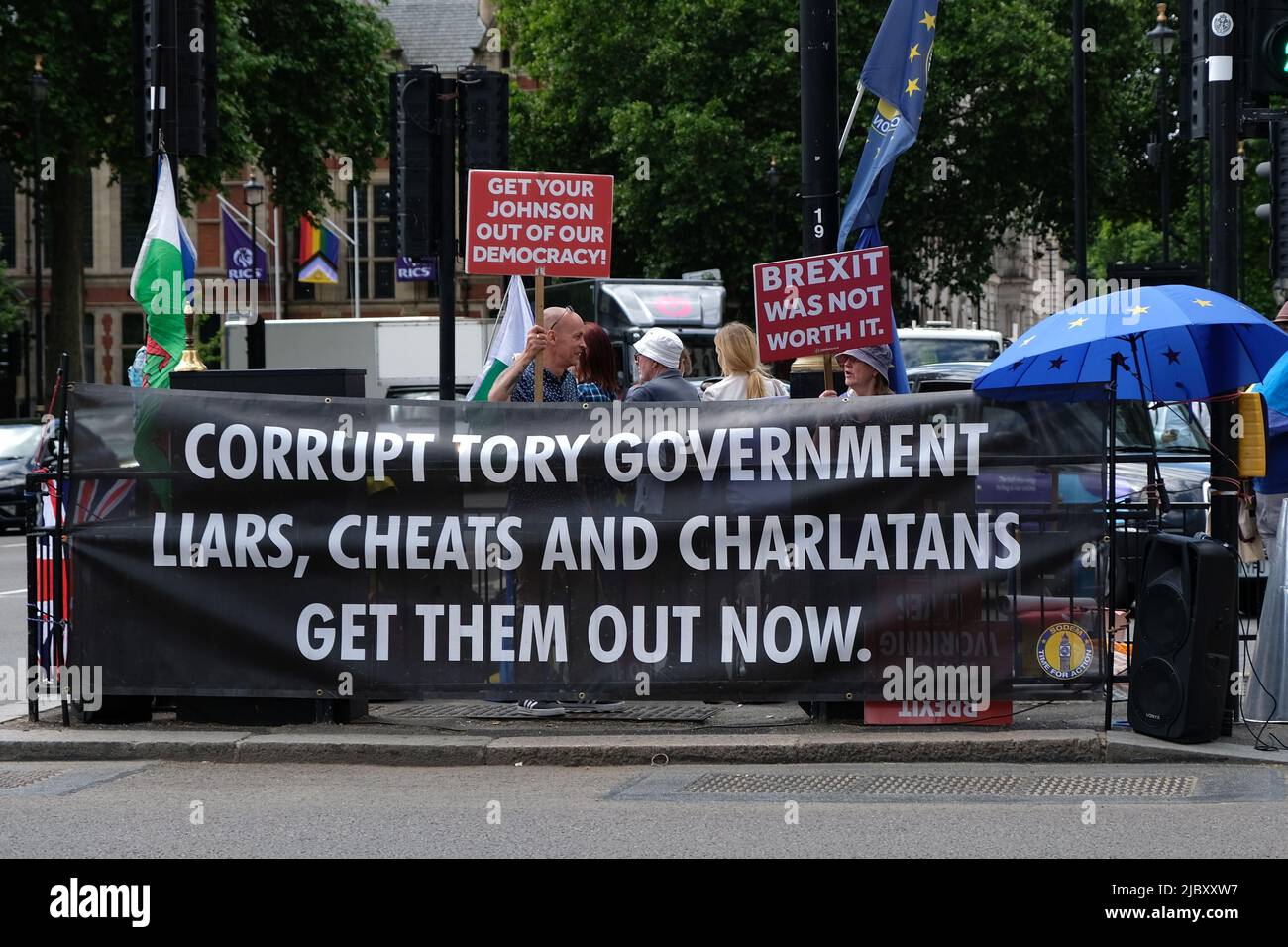 London, UK. Boris Johnson protesters demonstrate close to Parliament during Prime Minister's Question Time, the same week as his no-confidence vote. Stock Photo