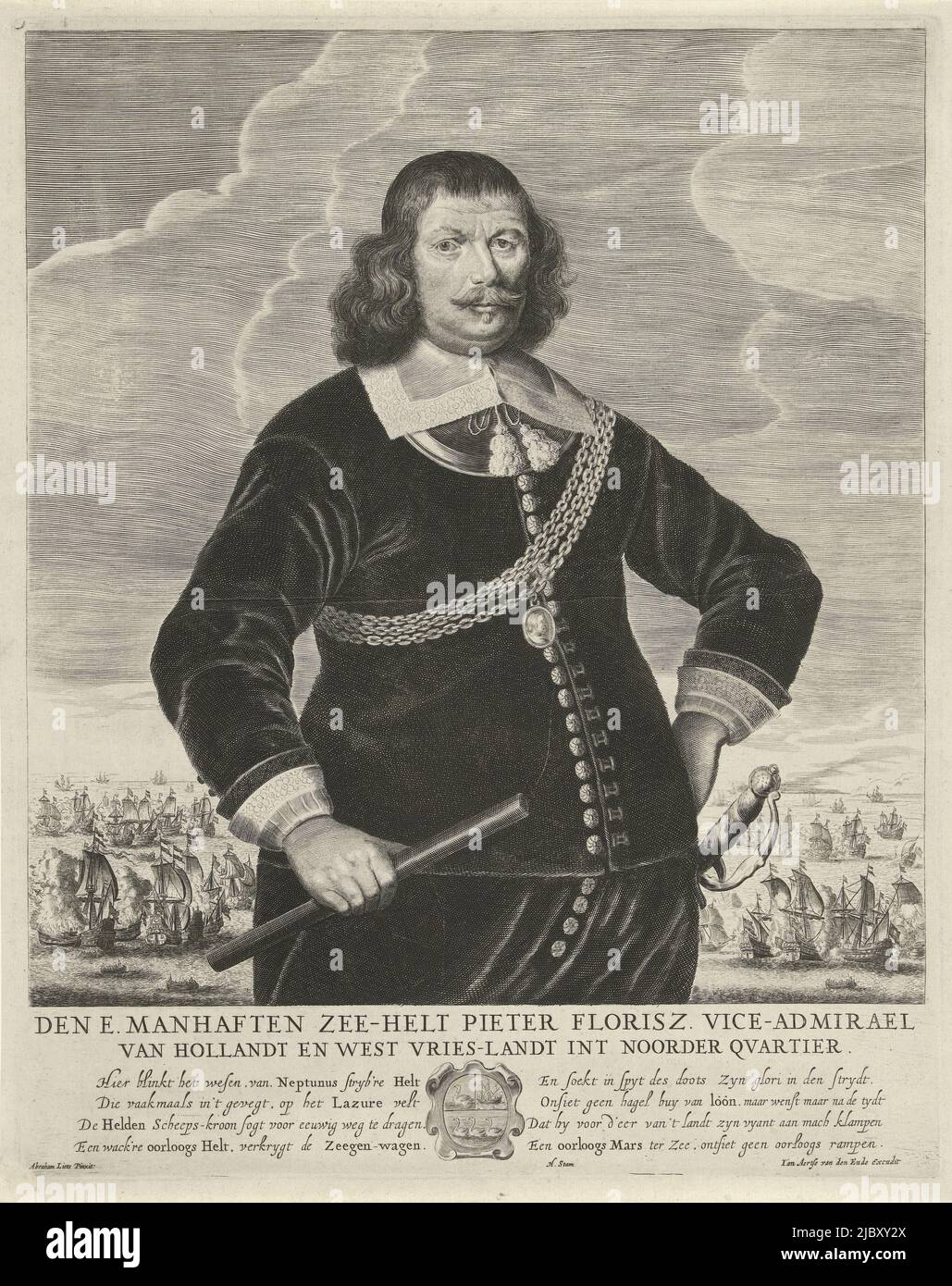 Kneepiece to the right of Pieter Florisz. holding a command staff. In the background a naval battle. Below the portrait his name and title in two lines in Dutch. Below that in two columns of four lines each a poem in Dutch and his coat of arms, Portrait of Pieter Florisse, print maker: Pieter Holsteyn (II), after: Abraham Liedts, (mentioned on object), H. Stam, (mentioned on object), Northern Netherlands, in or after 1658 - 1673, paper, engraving, etching, h 440 mm × w 350 mm Stock Photo