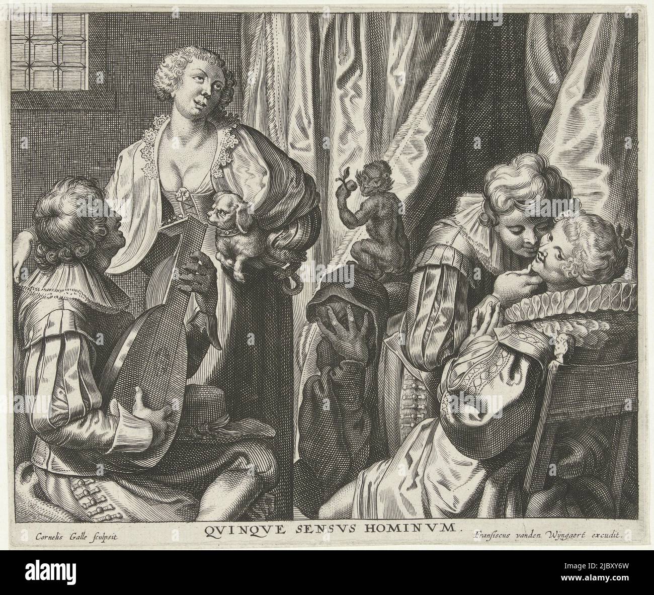 Allegorical representation of the five senses. A man plays a lute and a woman listens (hearing), a monkey eats a fruit (taste), a fool looks through his fingers (sight), a boy tries to kiss a girl (touch), he sniffs her scent (smell)., The five senses Qvinqve sensvs hominvm , print maker: Cornelis Galle (II), (mentioned on object), print maker: Cornelis Galle (I), (mentioned on object), Johann Liss, print maker: Antwerp, print maker: Southern Netherlands, publisher: Antwerp, c. 1610 - c. 1678, paper, engraving, h 172 mm × w 205 mm Stock Photo