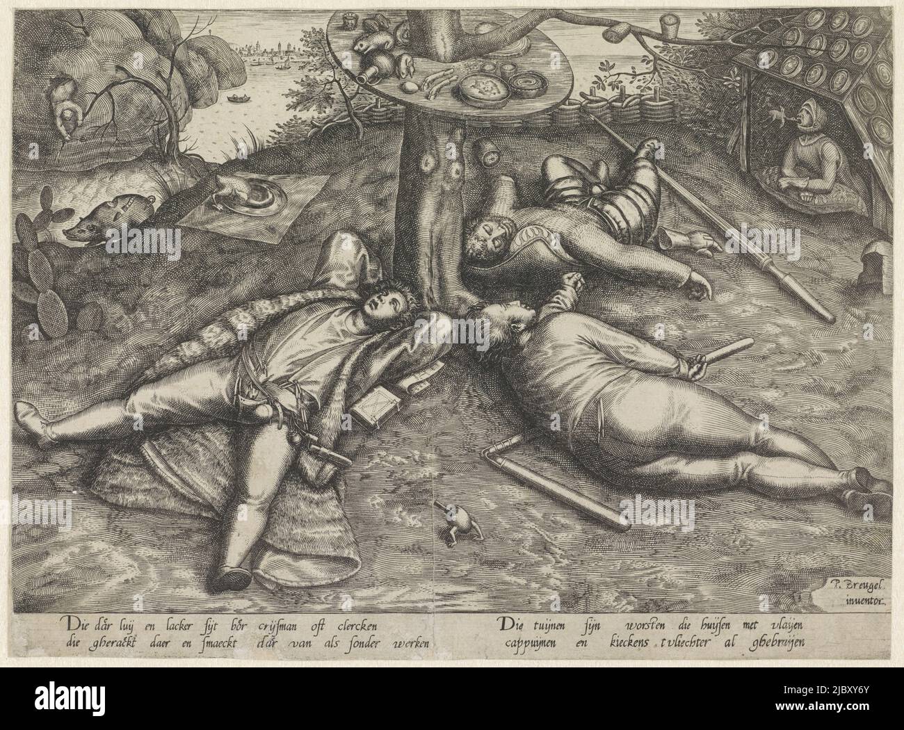 A clerk, a peasant and a soldier are sleeping on the ground in Cockaigne around a table attached to a tree, on which are various delicacies. In the background on the right, a woman with an open mouth, in which a roast bird flies. Below the scene two two-line verses in Dutch, Cockaigne, print maker: Pieter van der Heyden, (attributed to), after: Pieter Bruegel (I), (mentioned on object), Netherlands, 1567 - 1600, paper, engraving, h 205 mm × w 277 mm Stock Photo