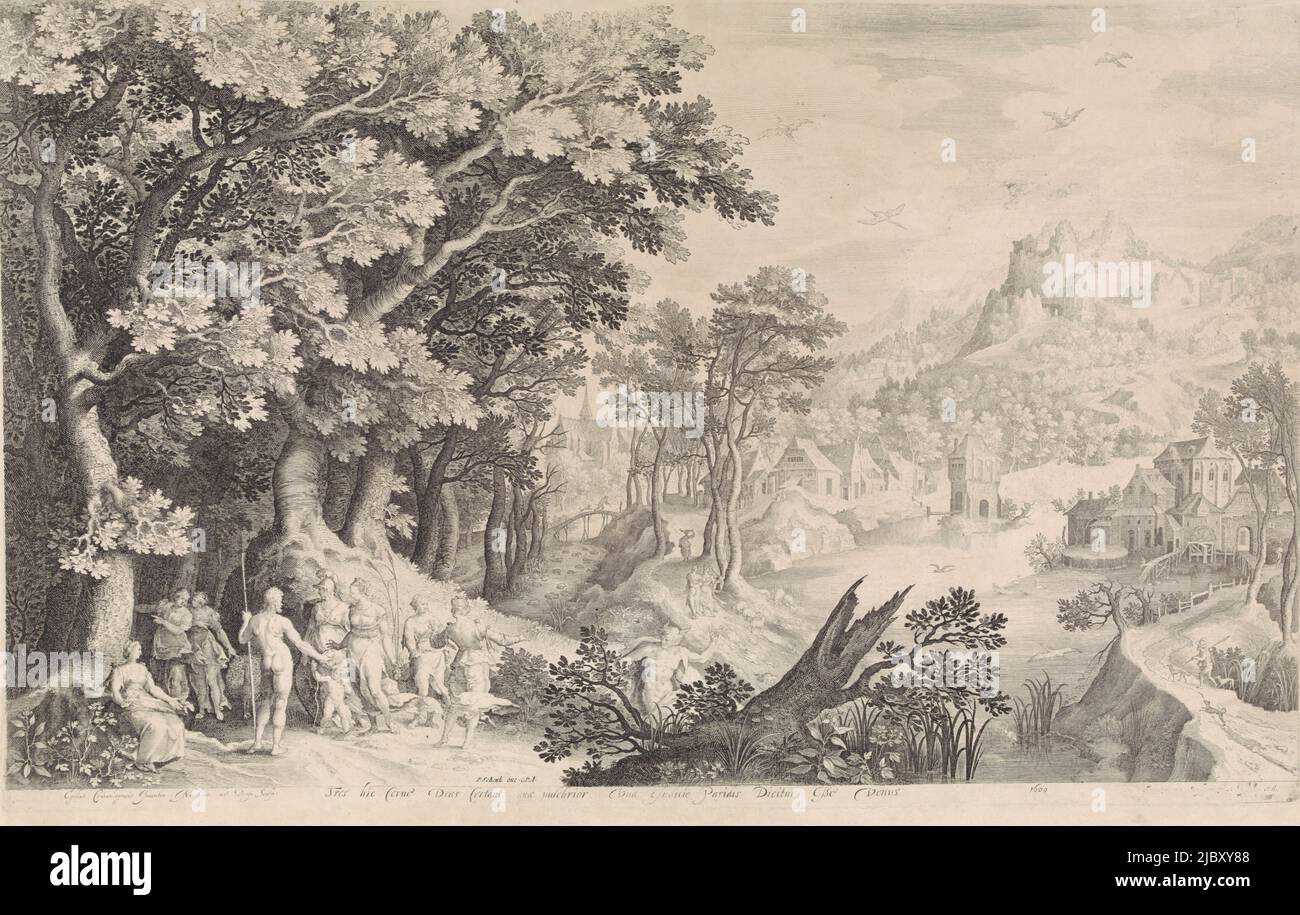 A landscape with the judgment of Paris in the foreground left. Mercury has taken Paris to the gods to settle a beauty contest between goddesses. He must choose who is the most beautiful: Juno (with the peacock as her attribute), Minerva (in armor) or Venus (with Cupid beside her). Paris chooses Venus and presents her with a golden apple as a prize. In the background a village to a river, Judgment of Paris, print maker: Nicolaes de Bruyn, (mentioned on object), Gilles van Coninxloo (II), (mentioned on object), publisher: Pieter Schenk (I), (mentioned on object), print maker: Antwerp, publisher Stock Photo