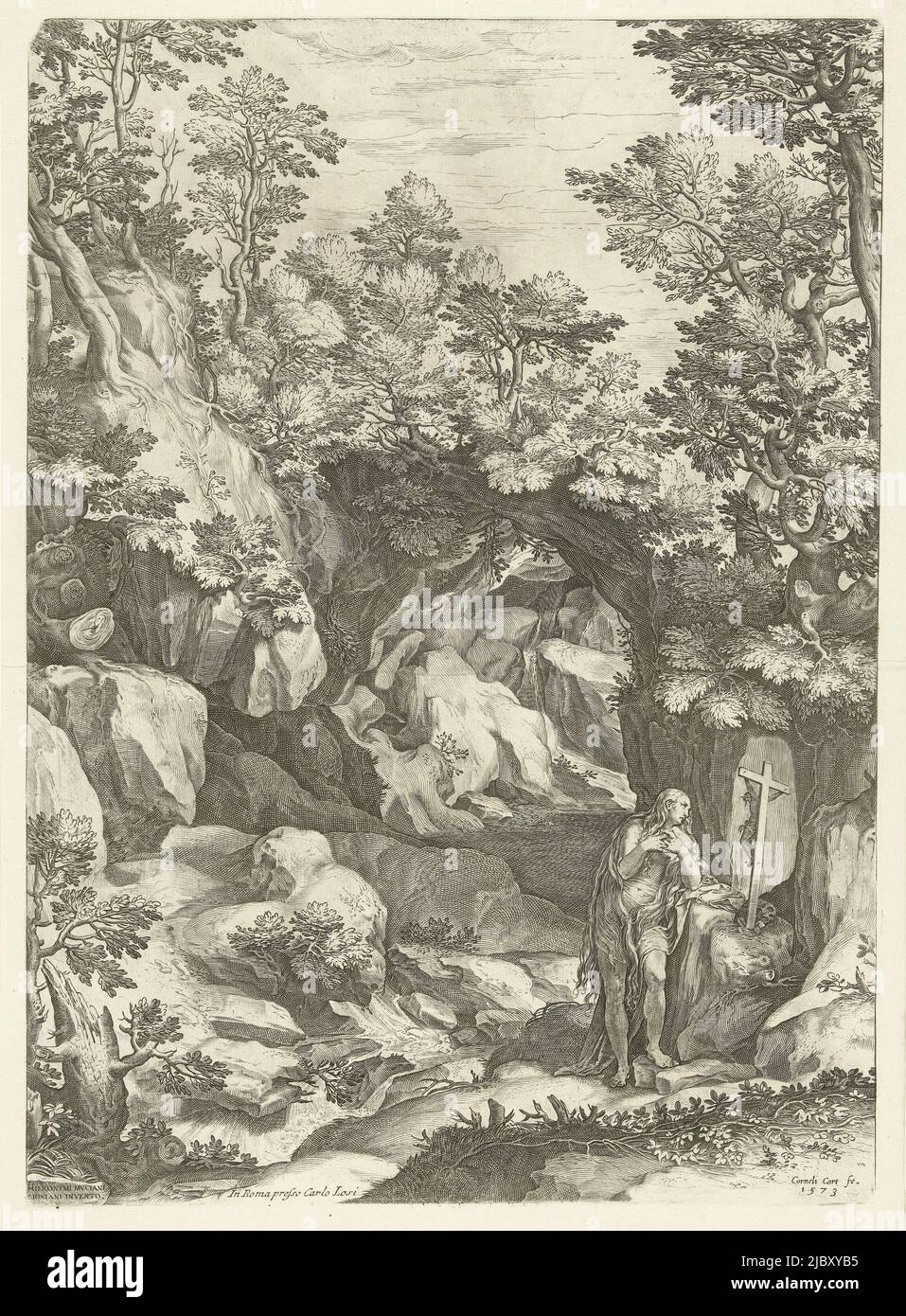 Landscape with St. Mary Magdalene praying before a crucifix in a ravine, Landscape with the Penitent Mary Magdalene, print maker: Cornelis Cort, (mentioned on object), Girolamo Muziano, (mentioned on object), publisher: Carlo Losi, (mentioned on object), Rome,  1573 and/or c. 1774, paper, engraving, h 498 mm × w 357 mm Stock Photo