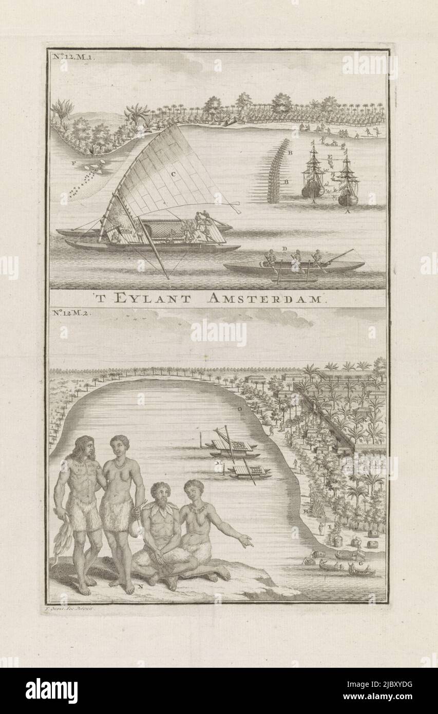Two images of the island of New Amsterdam in America. Above ships off the coast. In the foreground a prau (C) and a canoe with jib (D). In the background two Dutch ships and a row of canoes. Below a view of a bay. On land palms and a village. In the foreground four native Americans, Views of the island of Amsterdam, print maker: Frederik Ottens, (mentioned on object), Frederik Ottens, (mentioned on object), Amsterdam, 1717 - 1770, paper, etching, engraving, h 296 mm × w 183 mm Stock Photo