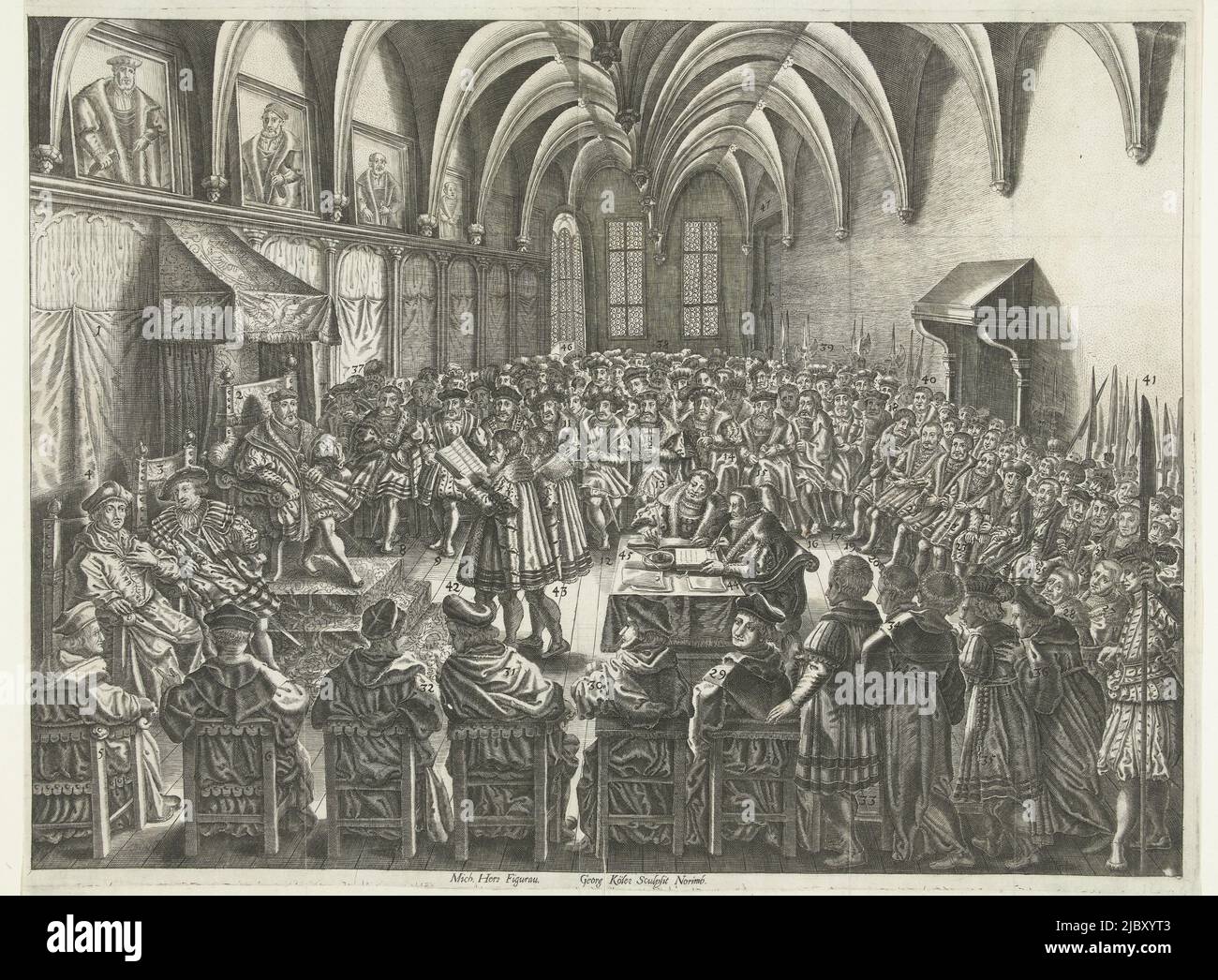 Reichstag of Augsburg, June 25, 1530 View of the hall with all present, on the left Charles V on his throne Without the statement of the numbers, Reichstag of Augsburg, 1530, print maker: Georg Cöler, (mentioned on object), intermediary draughtsman: Michael Heer, (mentioned on object), Neurenberg, 1600 - 1661, paper, engraving, h 362 mm × w 480 mm Stock Photo