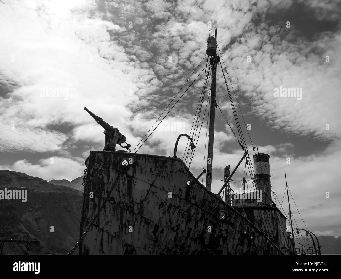 Black & White, Harpoon gun on whale catcher at the historic whaling station at Grytviken, South Georgia Stock Photo