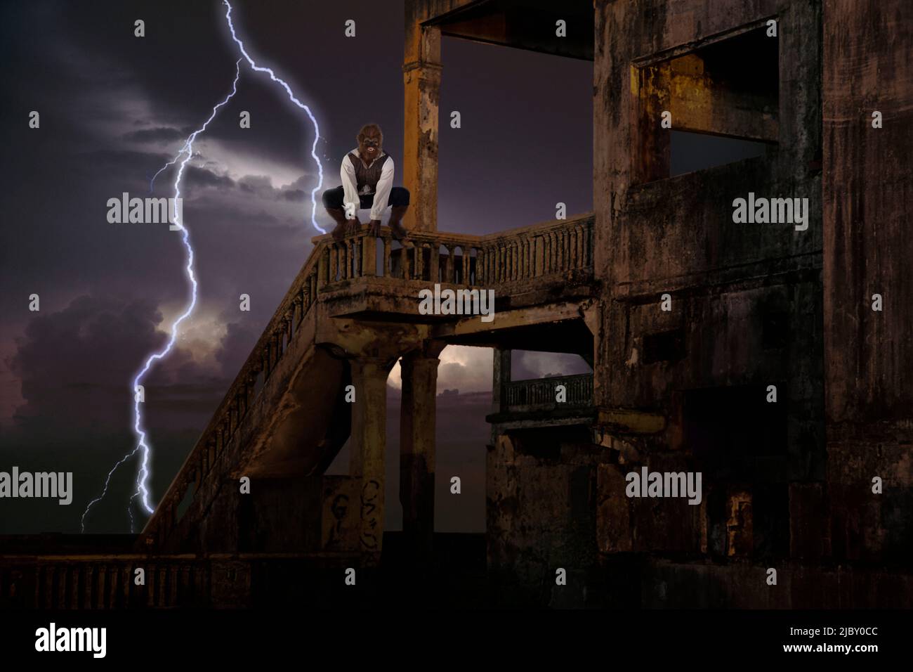 Wolfman growling while perched atop a stone staircase of a mansion in ruins with lightning striking in background Stock Photo
