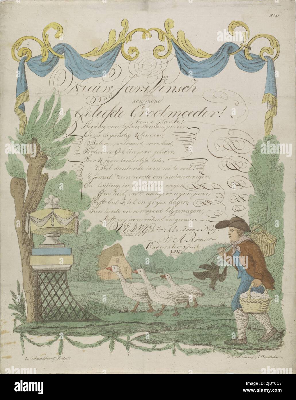 Wish letter with described cartouche within a decorative frame depicting a farmer with a basket of eggs and three geese. Handwritten message in calligraphy (New Year's wish) by W.A. Römer to his grandmother. Numbered top right: No. 21., Letter of Wish with a farmer and his geese., print maker: Leonardus Schweickhardt, (mentioned on object), publisher: Jan Hendriksen, (mentioned on object), print maker: The Hague, publisher: Rotterdam, 1815, paper, etching, pen, h 412 mm × w 325 mm Stock Photo