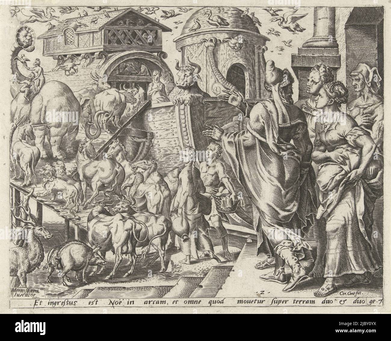 A procession of animals enters the ark, a pair of each species. Above ...