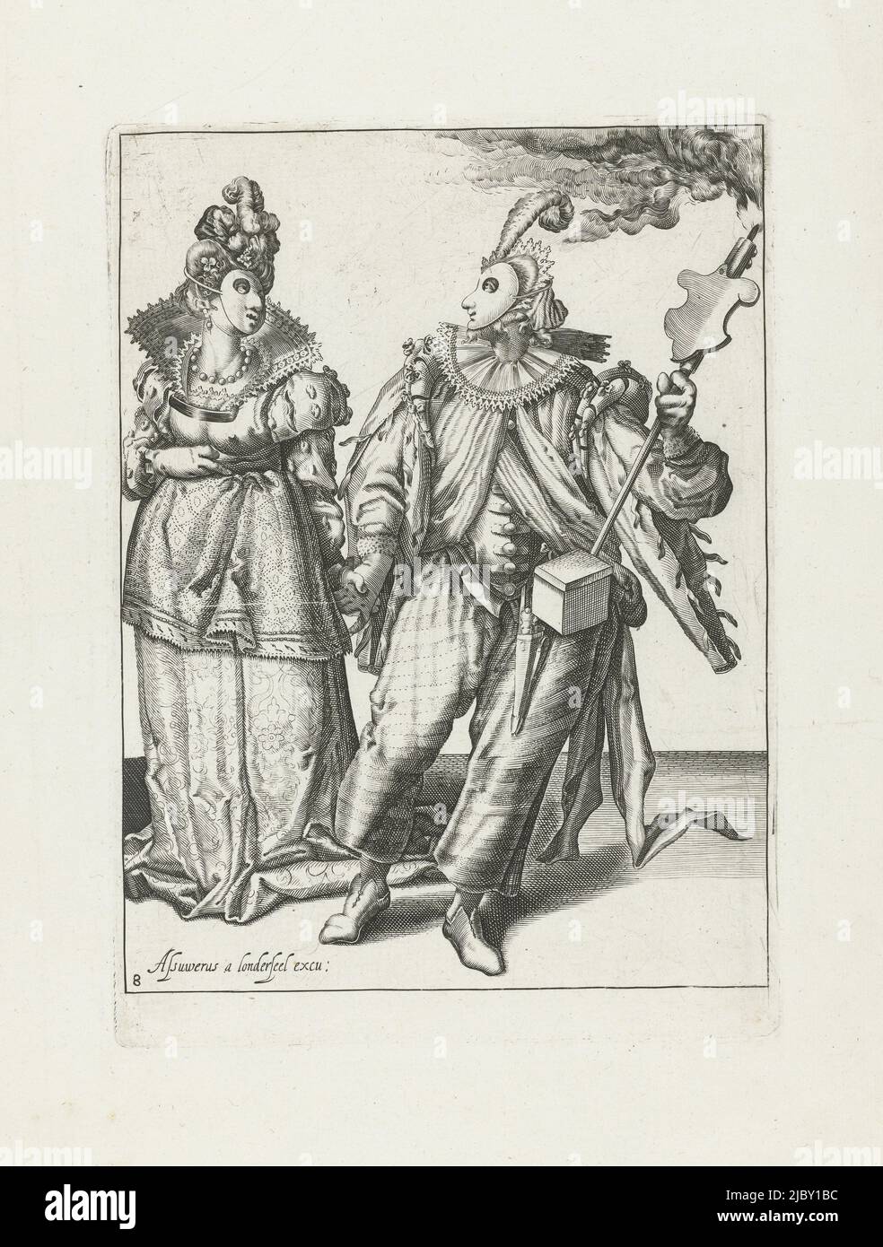 A masked woman in festive attire is carried by the hand by a masked man in festive attire with a torch. This print is part of a series of nine numbered prints, on which two or three masked and/or dressed figures are depicted in full., A masked woman carried by the hand by a masked man with a torch The masquerades (series title), print maker: anonymous, Jacob de Gheyn (II), publisher: Assuerus van Londerseel, (mentioned on object), Netherlands, 1596 - 1635, paper, engraving, h 236 mm × w 172 mm Stock Photo