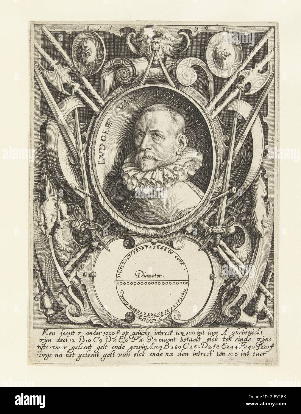 Bust of Ludolf van Ceulen (Hildesheim, 28 January 1540 - Leiden, 31 December 1610) at the age of 56, with collar folded loose, in oval with edge lettering, framed in ornamental frame with scrolls and weapons. Below the portrait an image of a circle with a description of the number pi. Under the representation a four-line Dutch caption. Van Ceulen was a fencer and mathematician. He was (according to Meursius in 1599, according to the resolutions of the Curators on January 10, 1600) on the recommendation of Prince Maurice together with Simon Fransz. van Merwen appointed professor in the ' Stock Photo