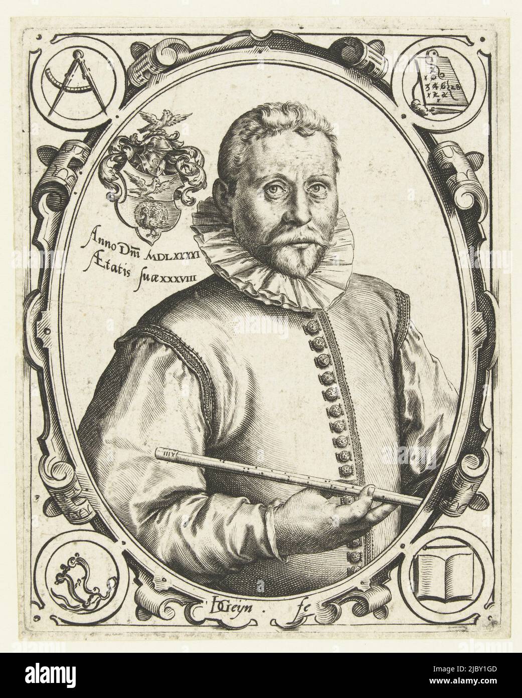 Bust of Vincent Jacobsz. Coster, wine maker and owner of the old maze in Amsterdam, in oval frame. Next to Coster's head his coat of arms, in his hand a yardstick. In the four corners next to the oval are depicted a compass, a writing tablet, a book and a knitter, all references to Coster's profession: he was a rich Amsterdam 'wine grower', he measured the amount of wine in the barrels and calculated the tax on it. Because of his profession he was simply called Cent de Peyler, Portrait of Vincent Jacobsz. Coster at the age of 38., print maker: Jacob de Gheyn (II), (mentioned on object Stock Photo