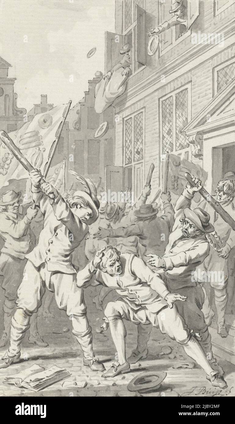 People's anger in Alkmaar during the Cheese and Bread Revolt, 1492, Jacobus Buys, 1783 - 1785, Revolt of the Cheese and Bread People at Alkmaar, 1492. Plundering of the house of the steward Klaas Korf and the beating to death of his servant. Design for a print., draughtsman: Jacobus Buys, (signed by artist), 1783 - 1785, paper, pen, brush, h 150 mm × w 90 mm Stock Photo