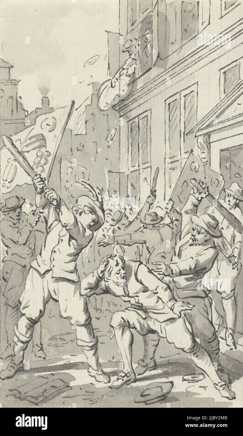 Popular anger in Alkmaar during the Cheese and Bread Revolt, 1492, Jacobus Buys, 1783 - 1785, Revolt of the Cheese and Bread People at Alkmaar, 1492. Plundering of the house of the steward Klaas Korf and the beating to death of his servant. Design for a print., draughtsman: Jacobus Buys, 1783 - 1785, paper, pen, brush, h 150 mm × w 90 mm Stock Photo
