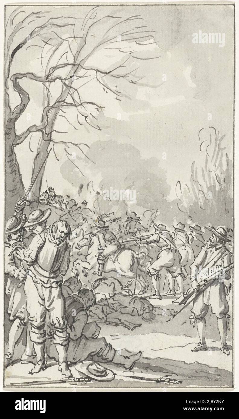 Field battle with prisoners of war, Jacobus Buys, 1734 - 1801, draughtsman: Jacobus Buys, 1734 - 1801, paper, pen, brush, h 149 mm × w 89 mm Stock Photo