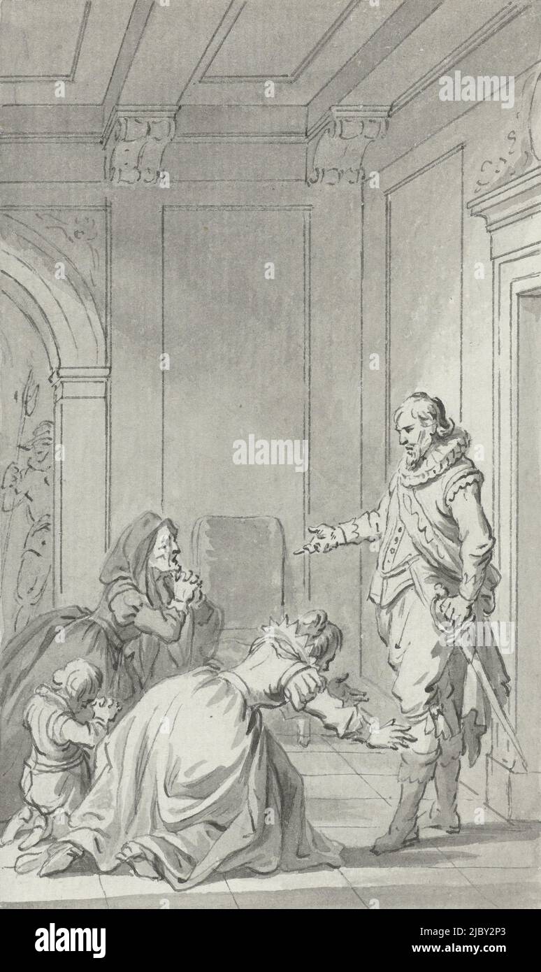 Two women and a child, kneeling begging for a gentleman, Jacobus Buys, 1734 - 1801, draughtsman: Jacobus Buys, 1734 - 1801, paper, pen, brush, h 149 mm × w 89 mm Stock Photo