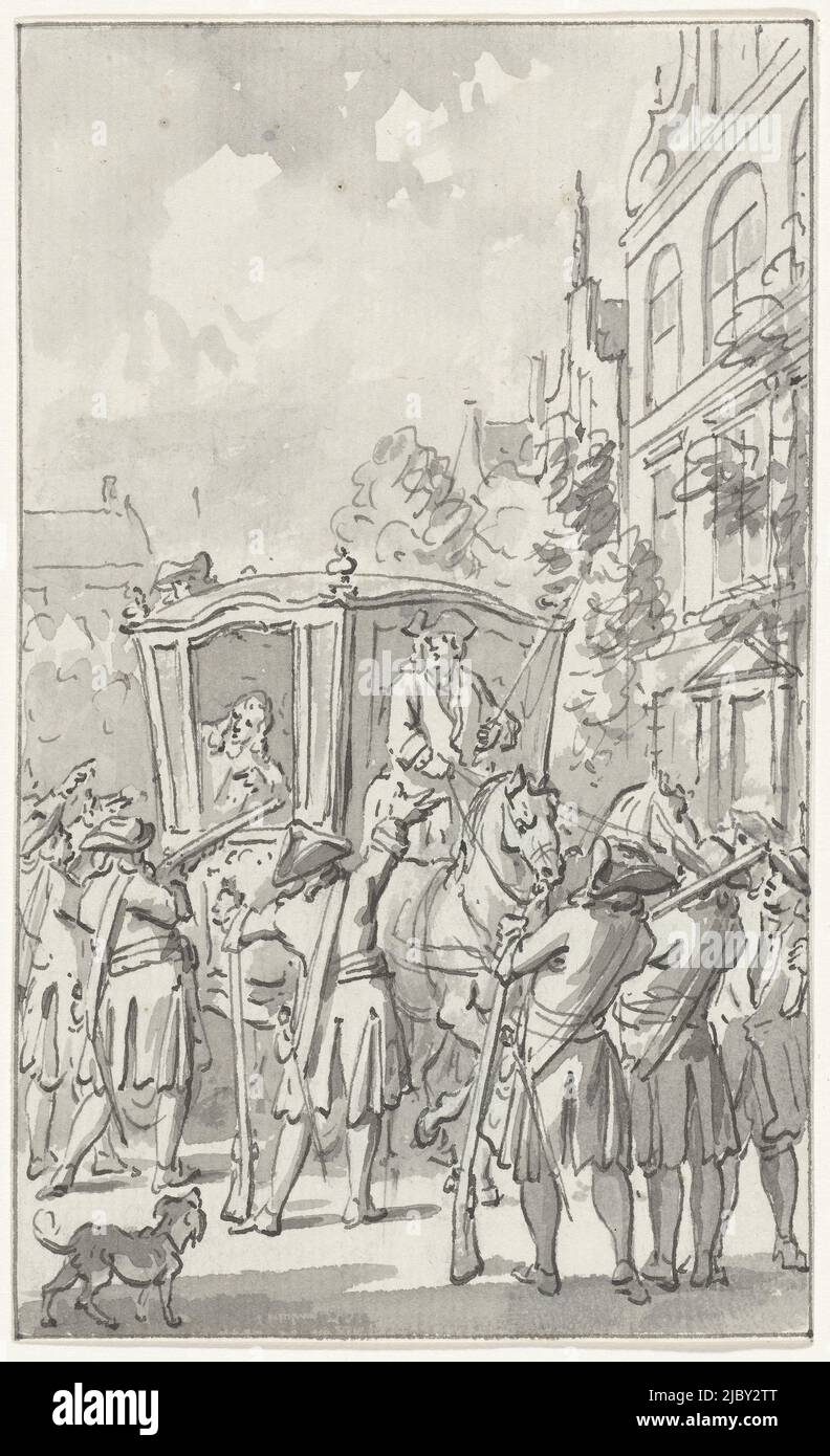 The carriage of Prince William III stopped by civilians near Aardrecht (Dordrecht?), 29 June 1672, Jacobus Buys, 1734 - 1801, draughtsman: Jacobus Buys, 1734 - 1801, paper, pen, brush, h 150 mm × w 89 mm Stock Photo