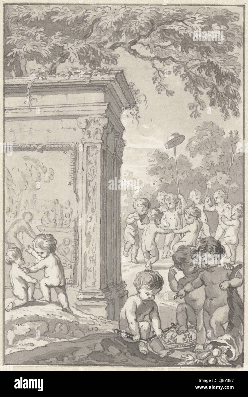 Design for title page for: Aloude Staat der Verenigde Nederlanden, Engelbertus Matthias Engelberts, 1782 - 1784, Design for title page for: Aloude Staat der Verenigde Nederlanden. Putti playing near a ruin and dancing around the liberty hat on a stick., draughtsman: Engelbertus Matthias Engelberts, 1782 - 1784, paper, pen, brush, h 136 mm × w 91 mm Stock Photo