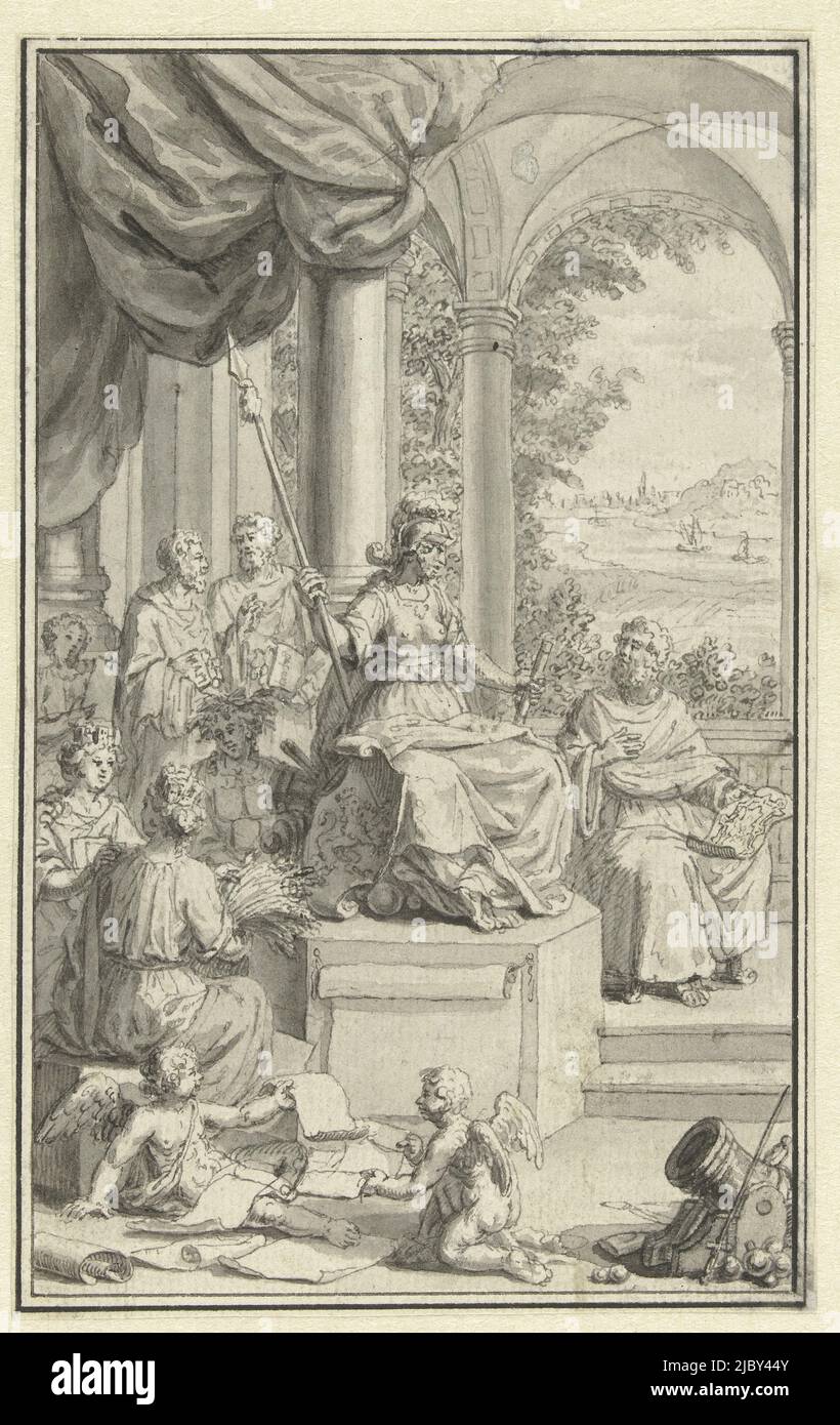 Design for title page for Tegenwoordige Staat der Vereenigde Nederlanden, part II, Jan Caspar Philips, 1736 - 1775, draughtsman: Jan Caspar Philips, 1736 - 1775, paper, pen, brush, h 164 mm × w 103 mm Stock Photo