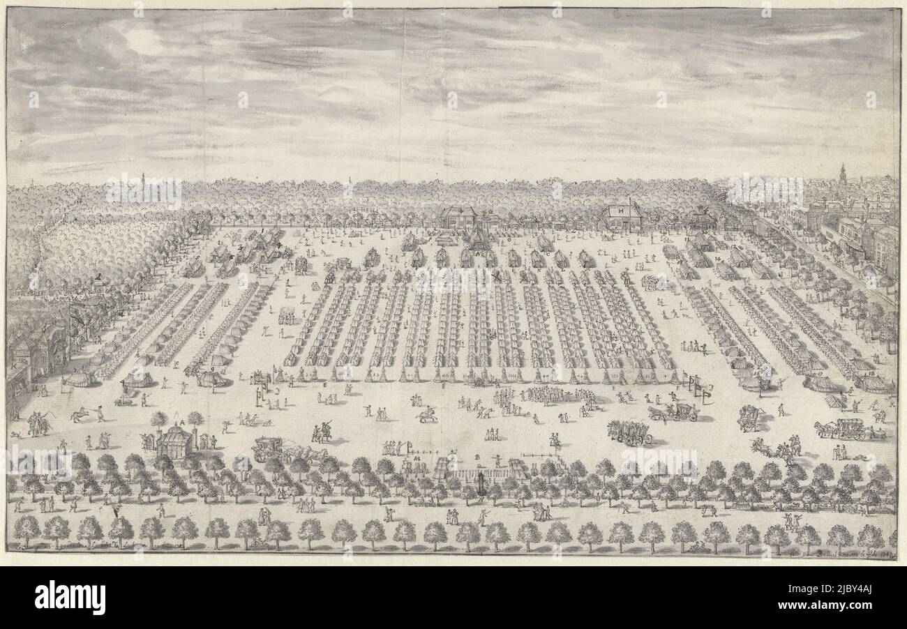 Kampement near The Hague, 1742, Daniël Marot (II), 1742, Bird's eye view of the great army exercise the Kampement at The Hague, an army camp stored by order of the States of Holland and West Friesland in the Haagse Bos near The Hague, May 29, 1742. Design for a print., draughtsman: Daniël Marot (II), Northern Netherlands, 1742, paper, h 282 mm × w 457 mm Stock Photo