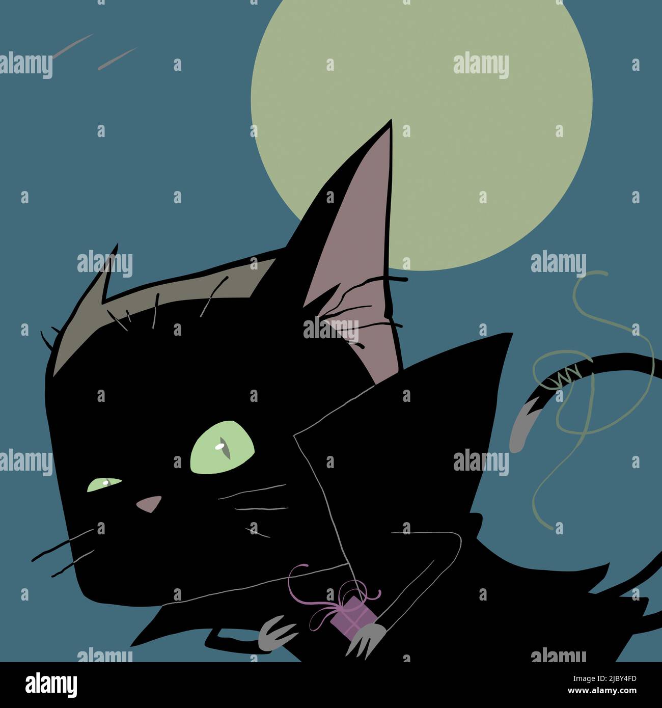 Christmas and Halloween cat looking at camera with moon behind digital illustration Stock Photo