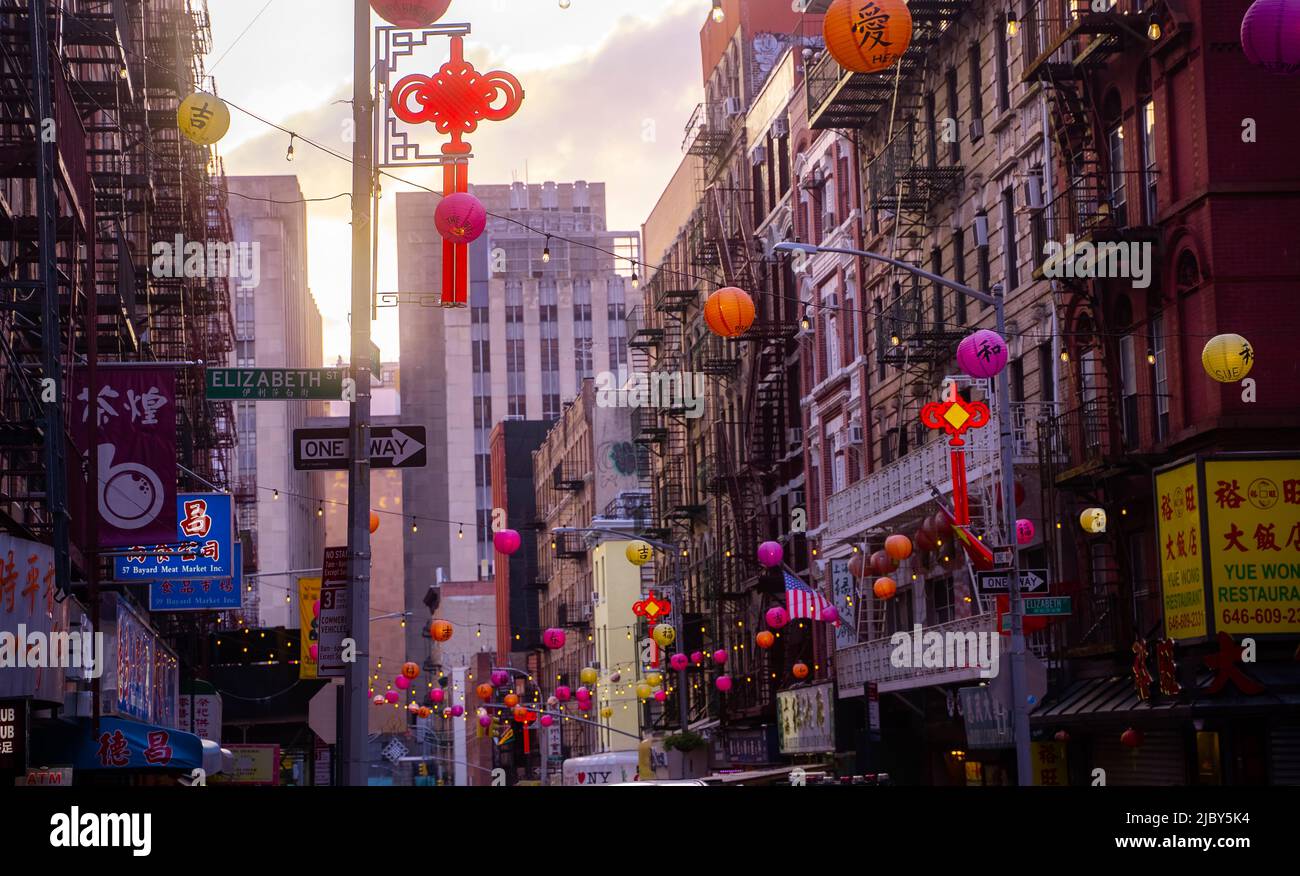 Elizabeth Street, China Town, Manhattan, New York City at sunset. Stock Photo