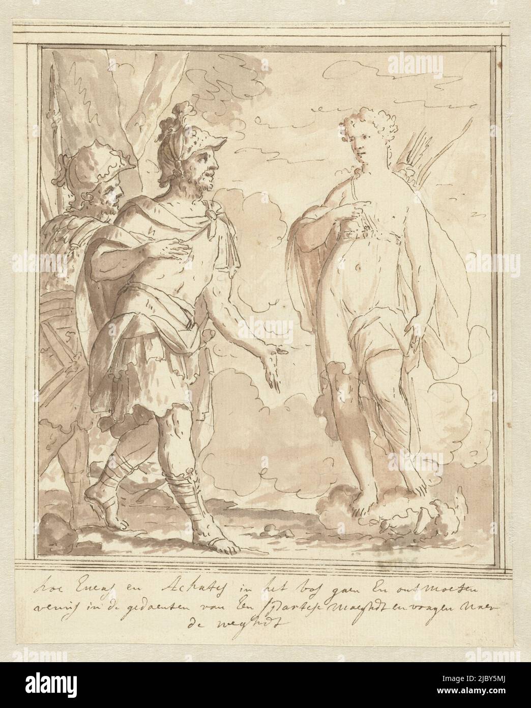 Aenaes and Achates meet Venus in the guise of a huntress Designs for paintings with episodes from The Aeneas (series title), draughtsman: Mattheus Terwesten, 1700 - 1704, paper, pen, brush, h 189 mm × w 151 mm Stock Photo