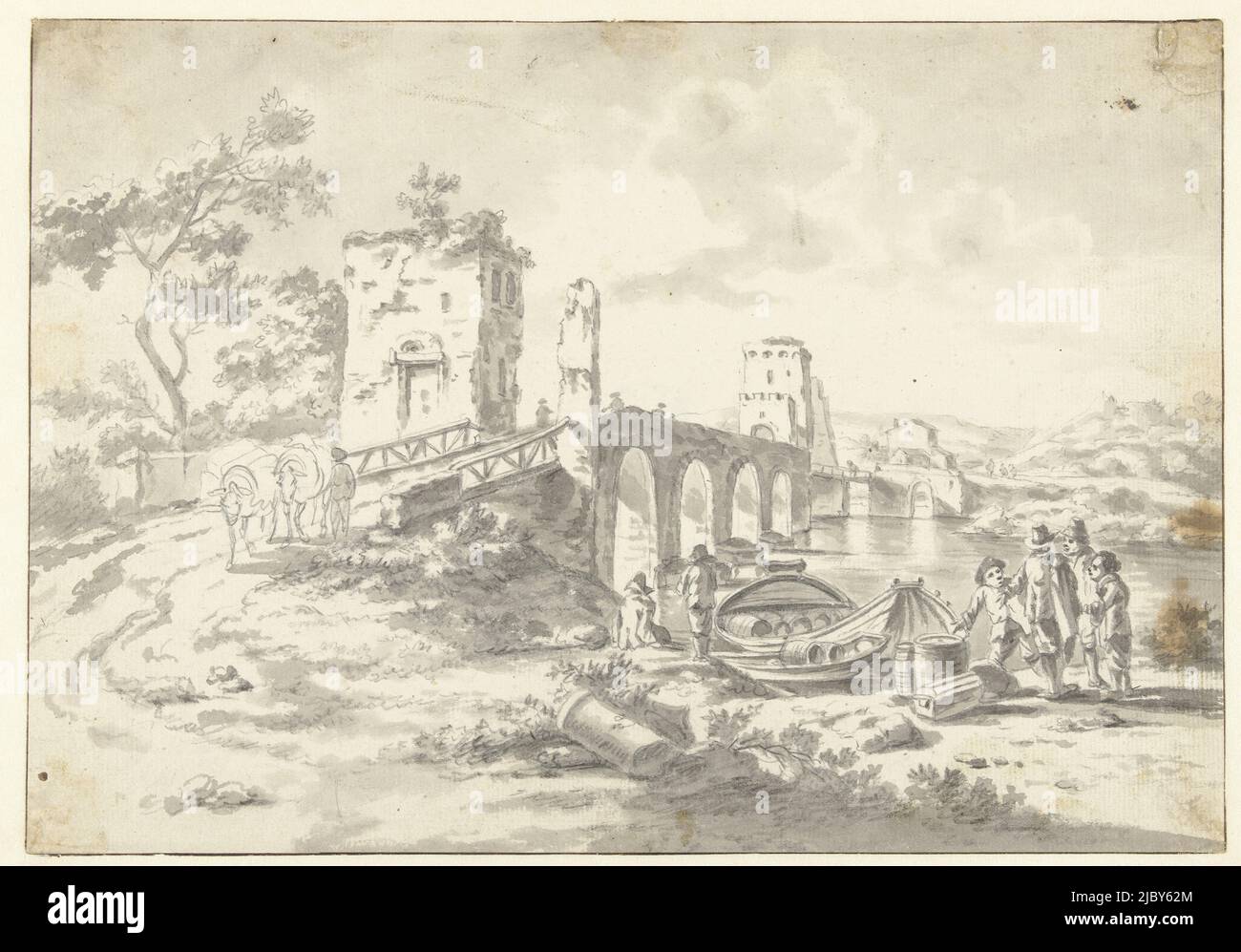 Ponte Molle, draughtsman: Jan Both, 1628 - 1652, paper, brush, h 232 mm × w 333 mm Stock Photo