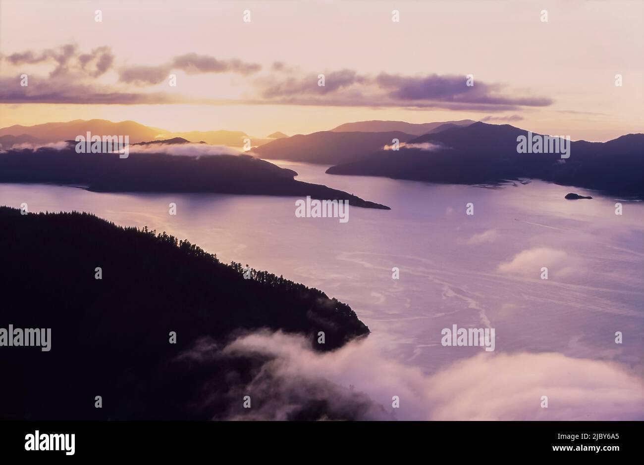 Aerial of Queen Charlotte Sounds at sunrise Stock Photo Alamy