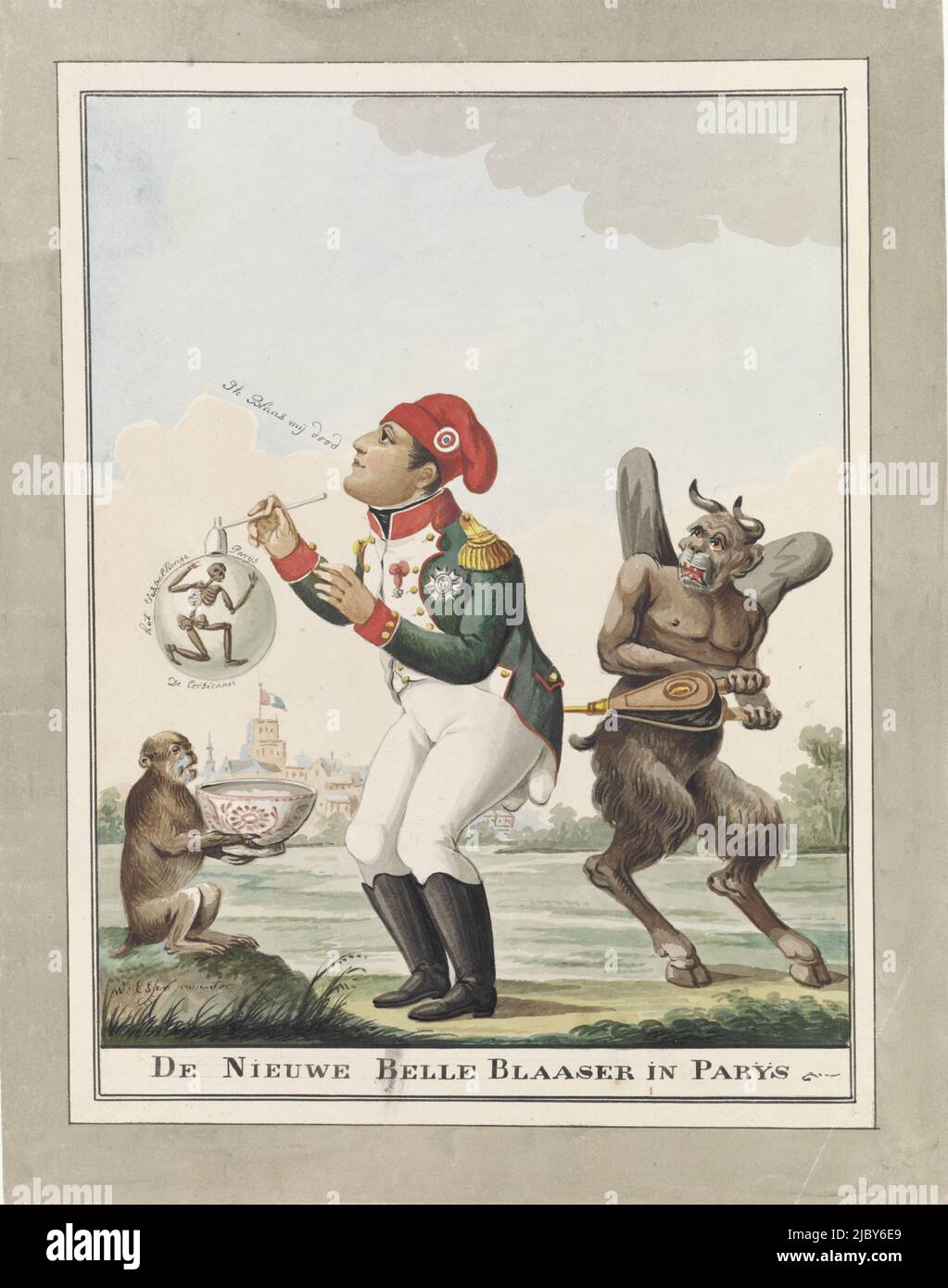 Napoleon as bubble-blower, 1815, Wijnand Esser, 1815, Cartoon on Napoleon's fruitless attempts to win over the city on his return to Paris after his loss at Waterloo on June 18, 1815. Napoleon wearing a Jacobin hat, blowing a bubble within which death like a skeleton. On the right the devil blows into him with a bellows, on the left a monkey holding out the soap suds., draughtsman: Wijnand Esser, (mentioned on object), Netherlands, 1815, paper, pen, brush, h 333 mm × w 262 mm Stock Photo